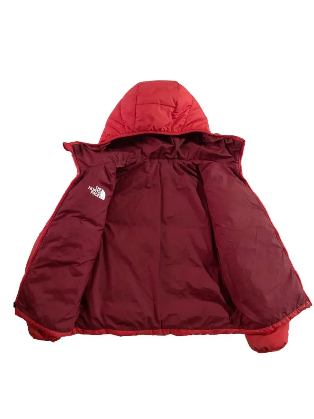 The North Face Puffer Jacket Boys Size 10 Red 600 Hooded Reversible Quilted